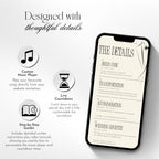 Black tie wedding website details page with custom music player, live countdown and step-by-step editing guide included.
