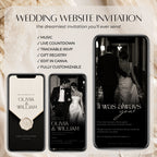 Elegant black tie wedding website invitation with music, live countdown, trackable RSVP, gift registry and editable Canva design.