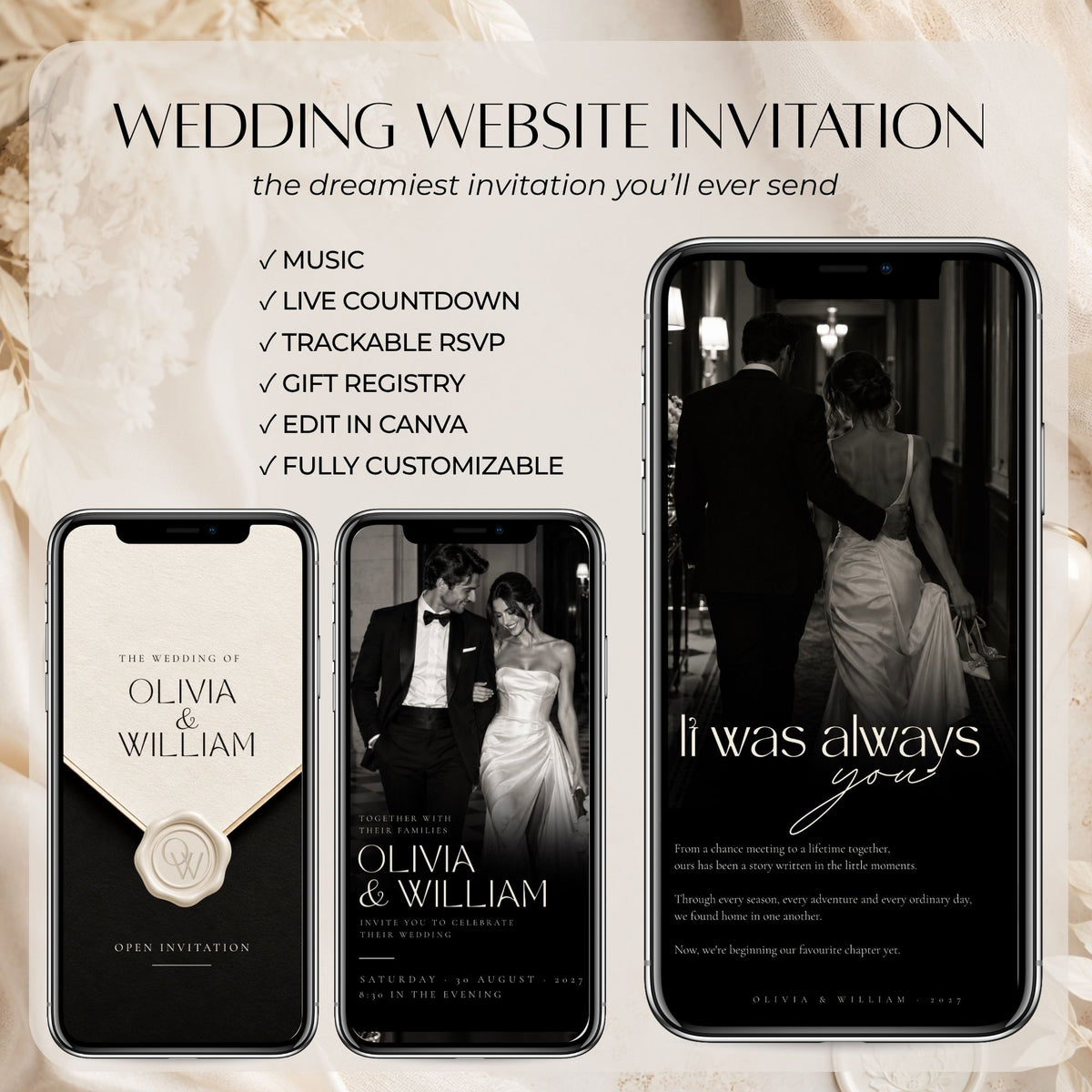 Elegant black tie wedding website invitation with music, live countdown, trackable RSVP, gift registry and editable Canva design.