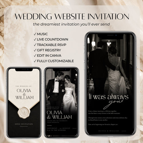Elegant black tie wedding website invitation with music, live countdown, trackable RSVP, gift registry and editable Canva design.