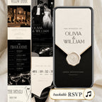 Black tie wedding website template with elegant black and ivory design, music, countdown, wedding programme and trackable RSVP.
