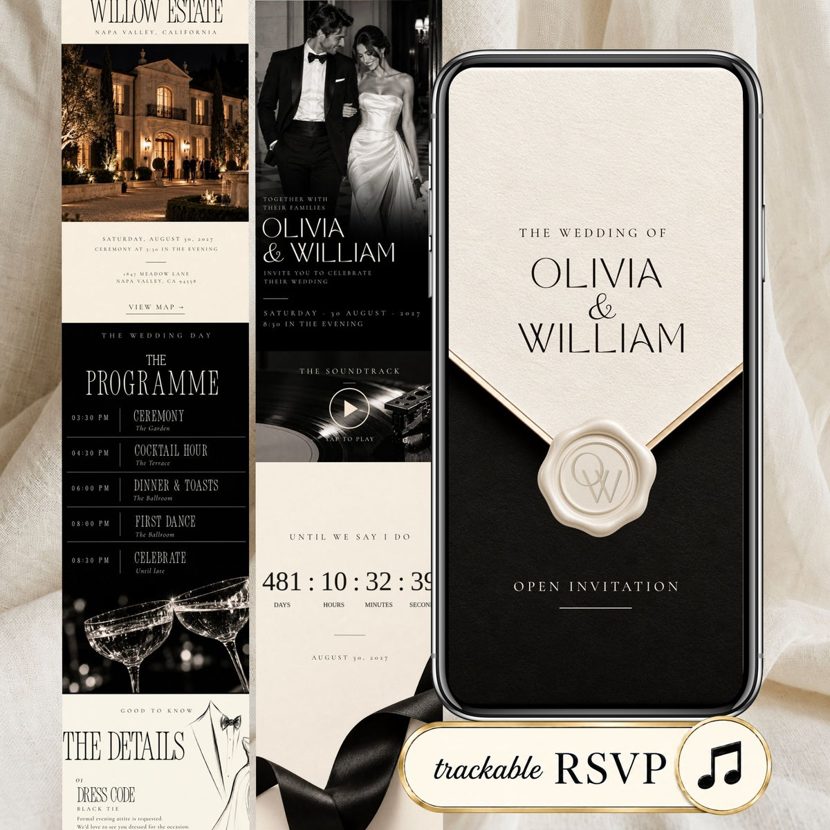 Black tie wedding website template with elegant black and ivory design, music, countdown, wedding programme and trackable RSVP.