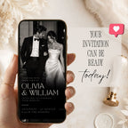 Black tie wedding website invitation displayed on a phone with elegant couple photo and formal black and ivory styling.