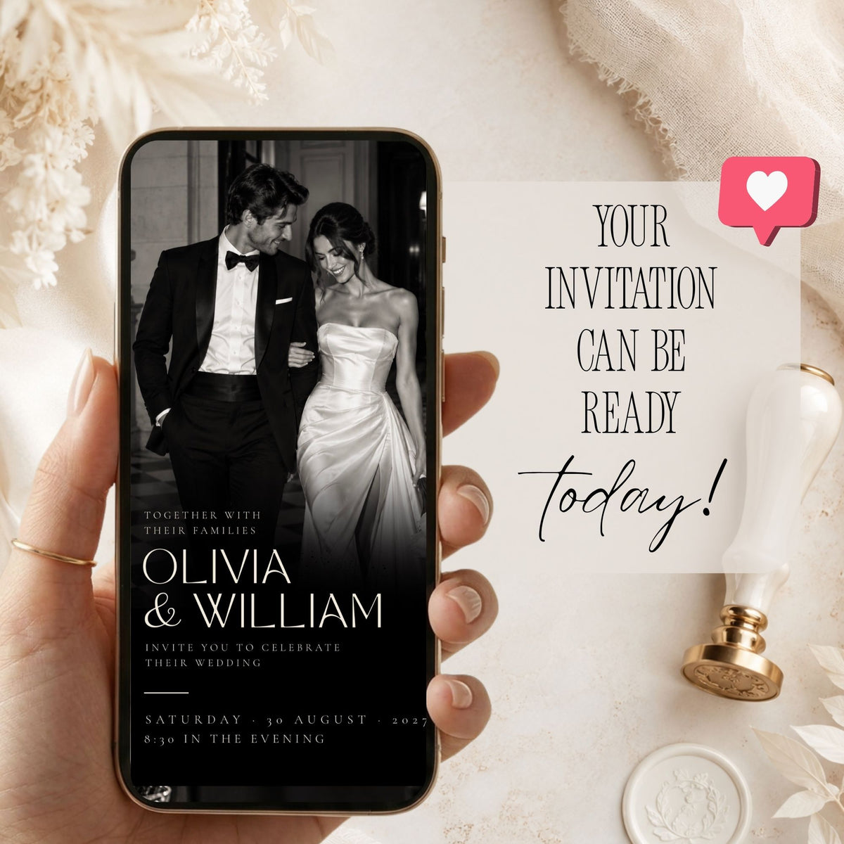 Black tie wedding website invitation displayed on a phone with elegant couple photo and formal black and ivory styling.