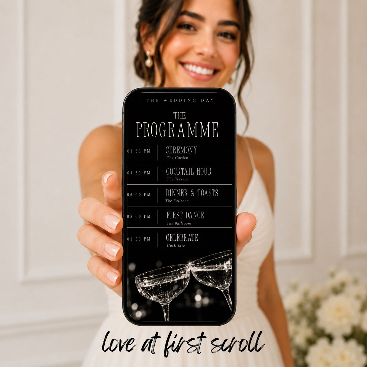 Black tie wedding website programme displayed on a phone with ceremony, cocktail hour, dinner, first dance and celebration details.
