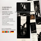 Black tie wedding website template showing multiple editable sections for venue, programme, countdown, details and wedding photos.