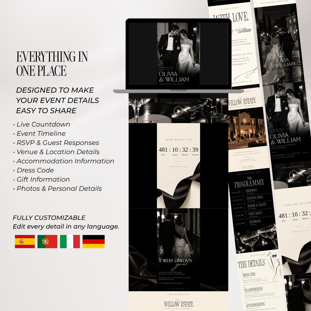 Black tie wedding website template showing multiple editable sections for venue, programme, countdown, details and wedding photos.