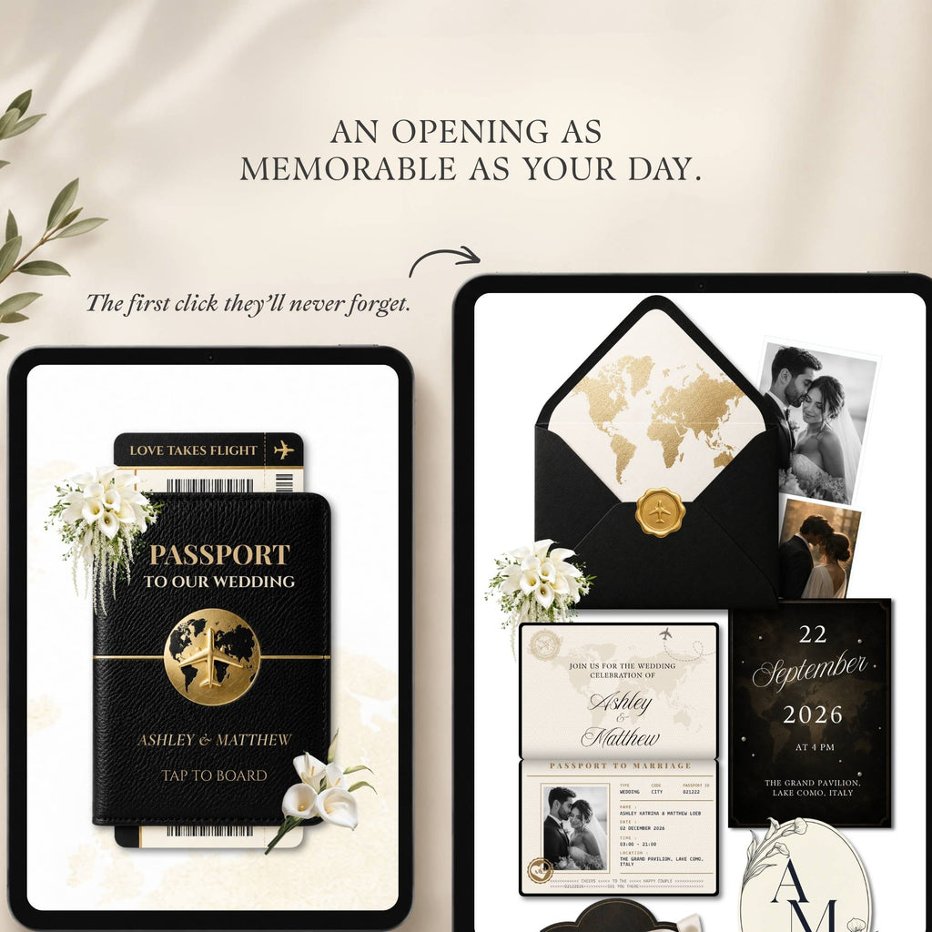 Luxury travel-themed wedding website template featuring passport and boarding pass elements.