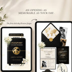 Luxury travel-themed wedding website template featuring passport and boarding pass elements.