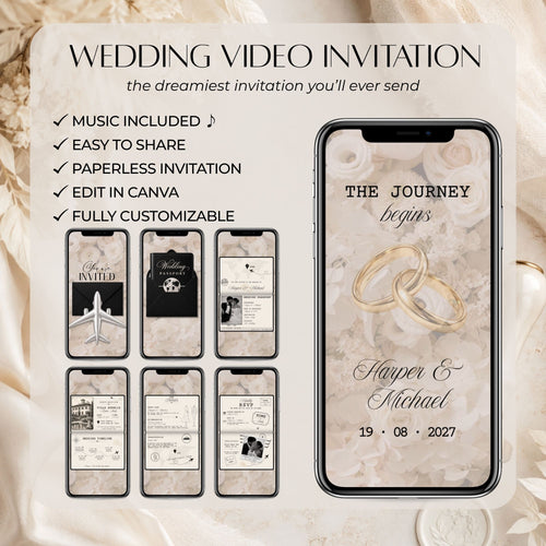 Elegant black passport wedding invitation video showing the full animated Canva design with envelope, wedding passport, destination, timeline, details and RSVP pages.
