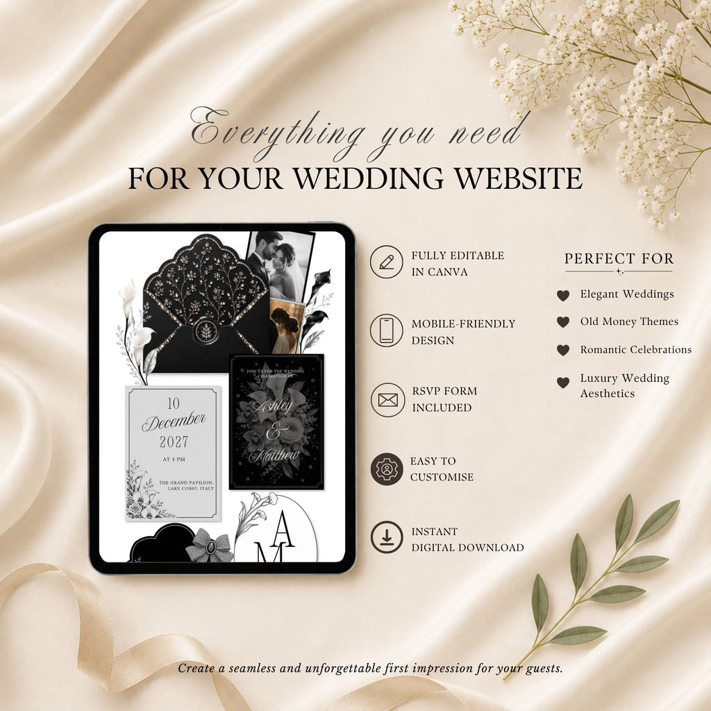 Four page black wedding website template featuring RSVP page love story page and wedding details page