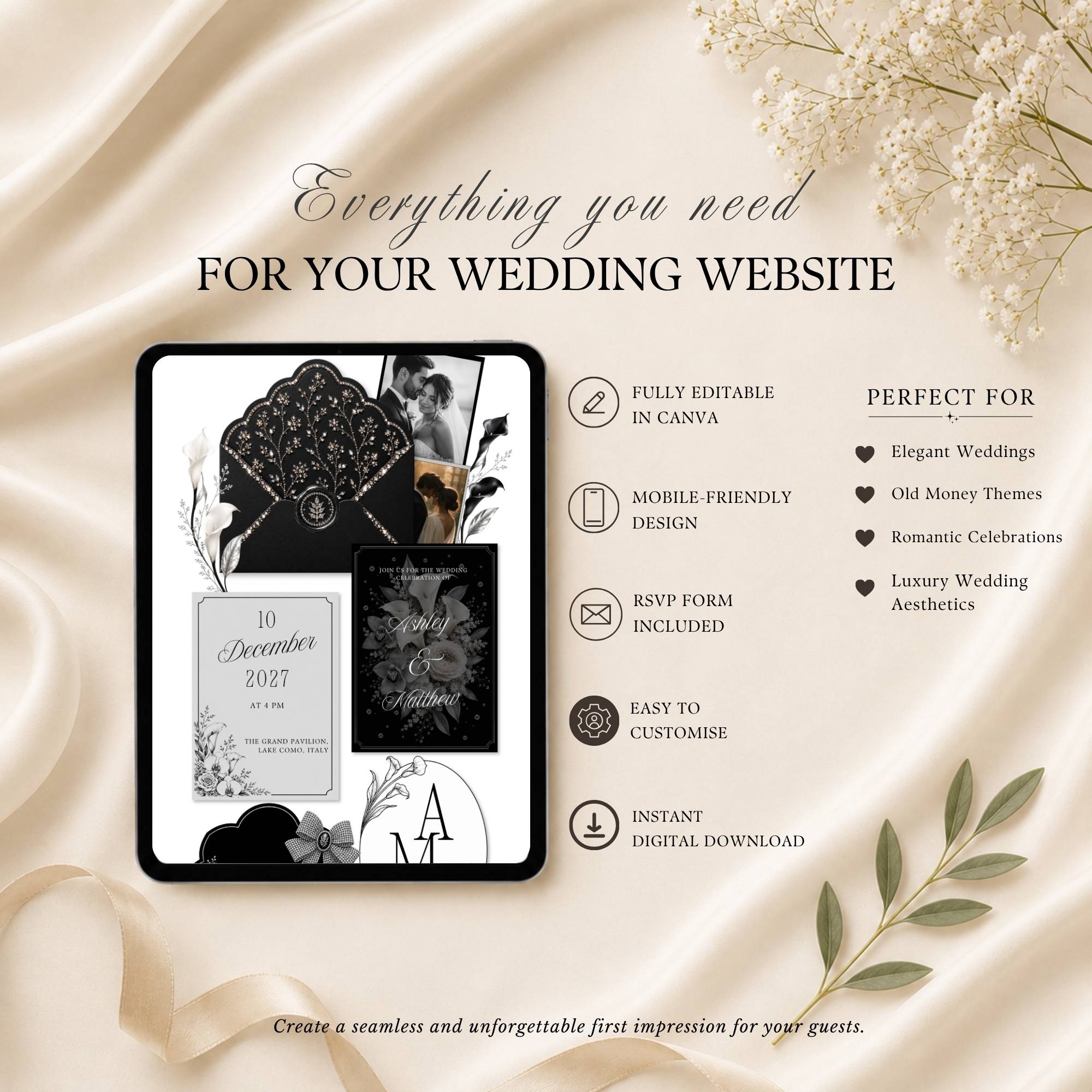 Four page black wedding website template featuring RSVP page love story page and wedding details page