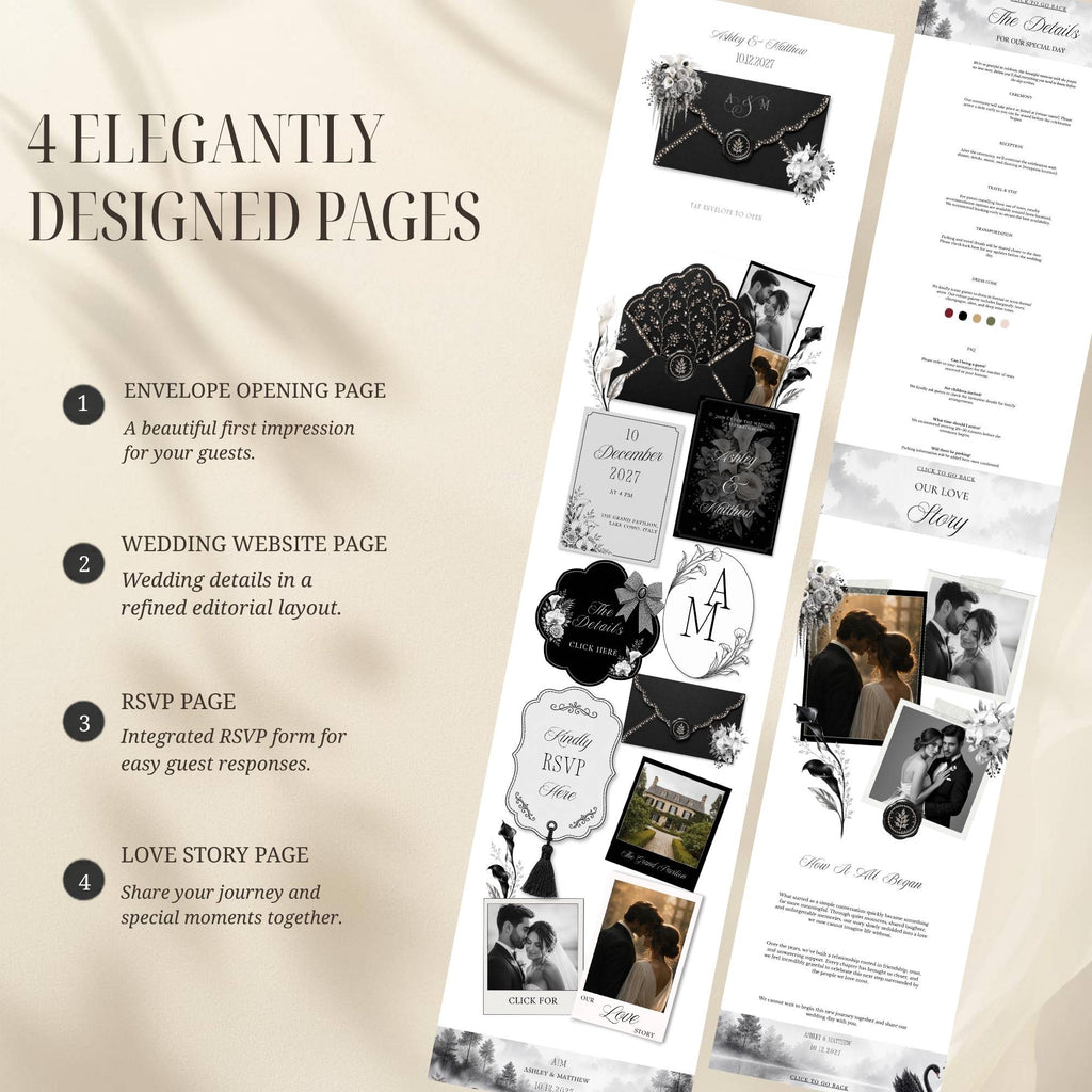 Interactive envelope opening page for black wedding website template