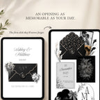 Black Canva wedding website homepage with floral details and wedding information