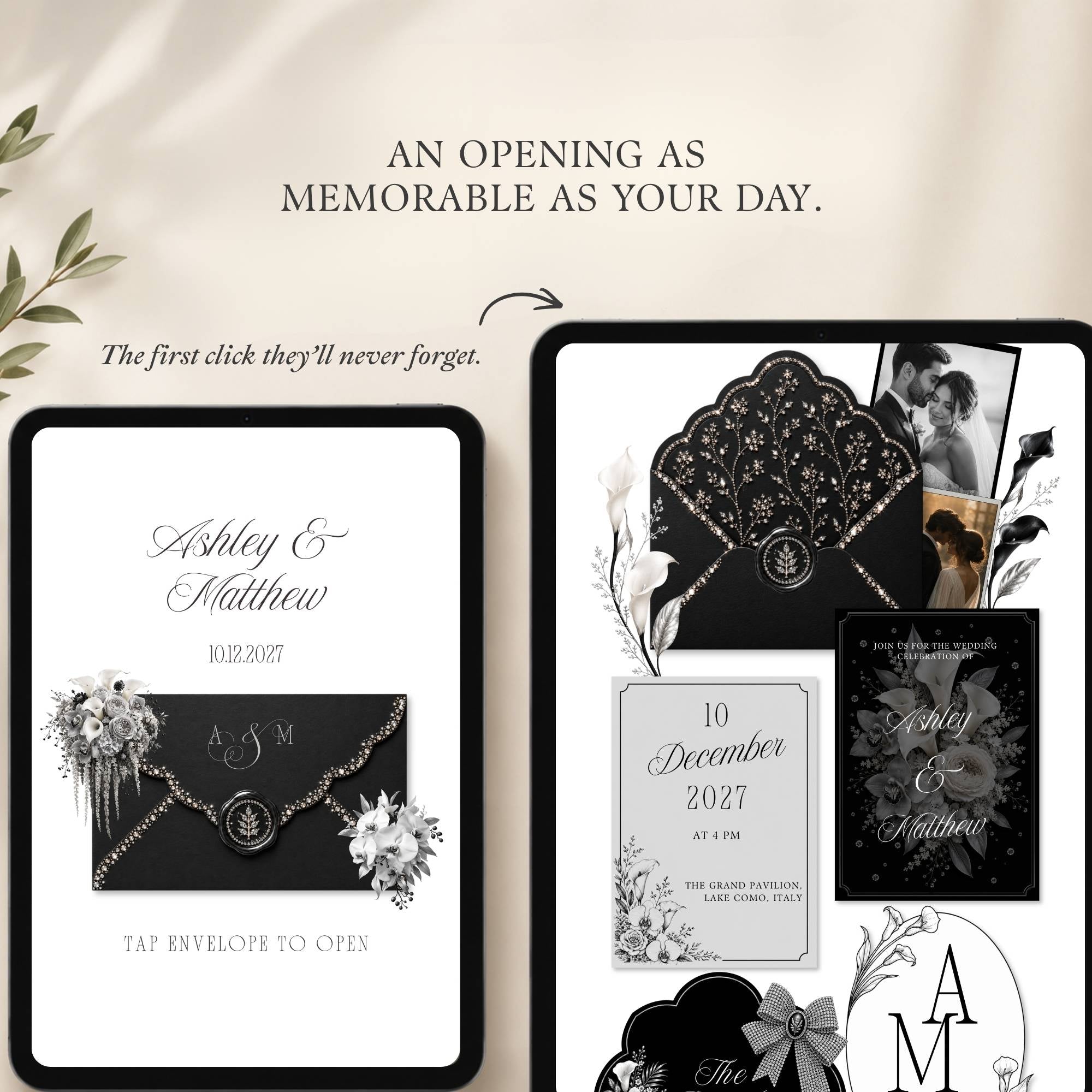 Black Canva wedding website homepage with floral details and wedding information