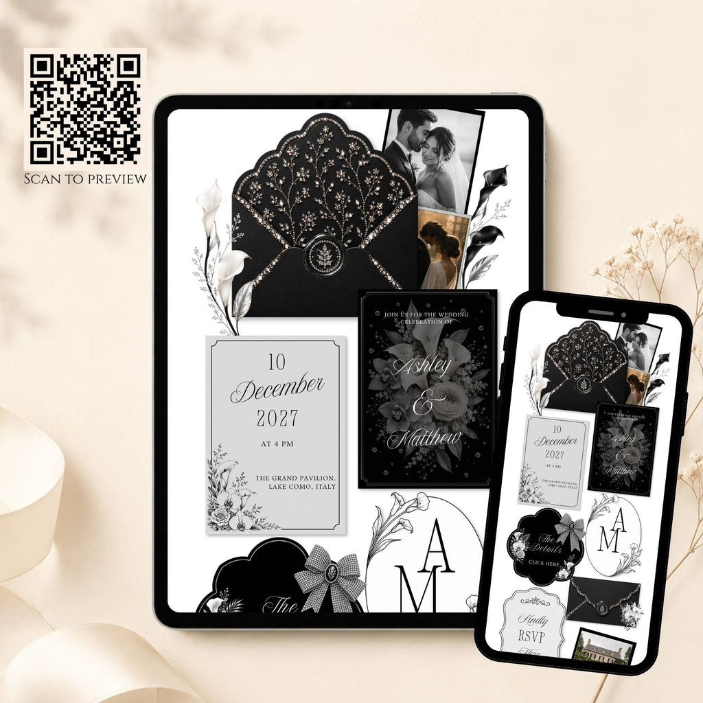 Mobile wedding website template with elegant black floral design