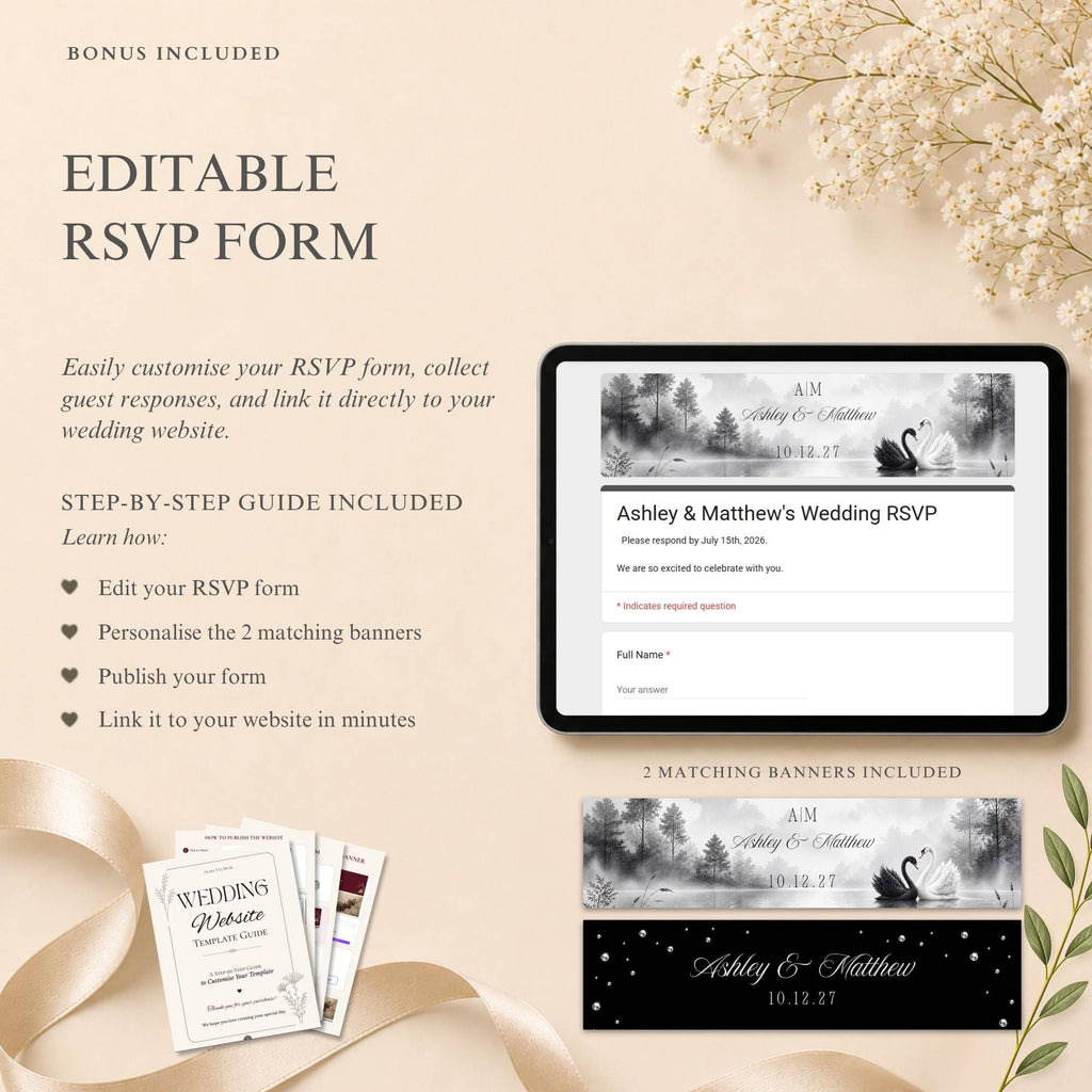 Wedding RSVP page template included with editable Canva wedding website