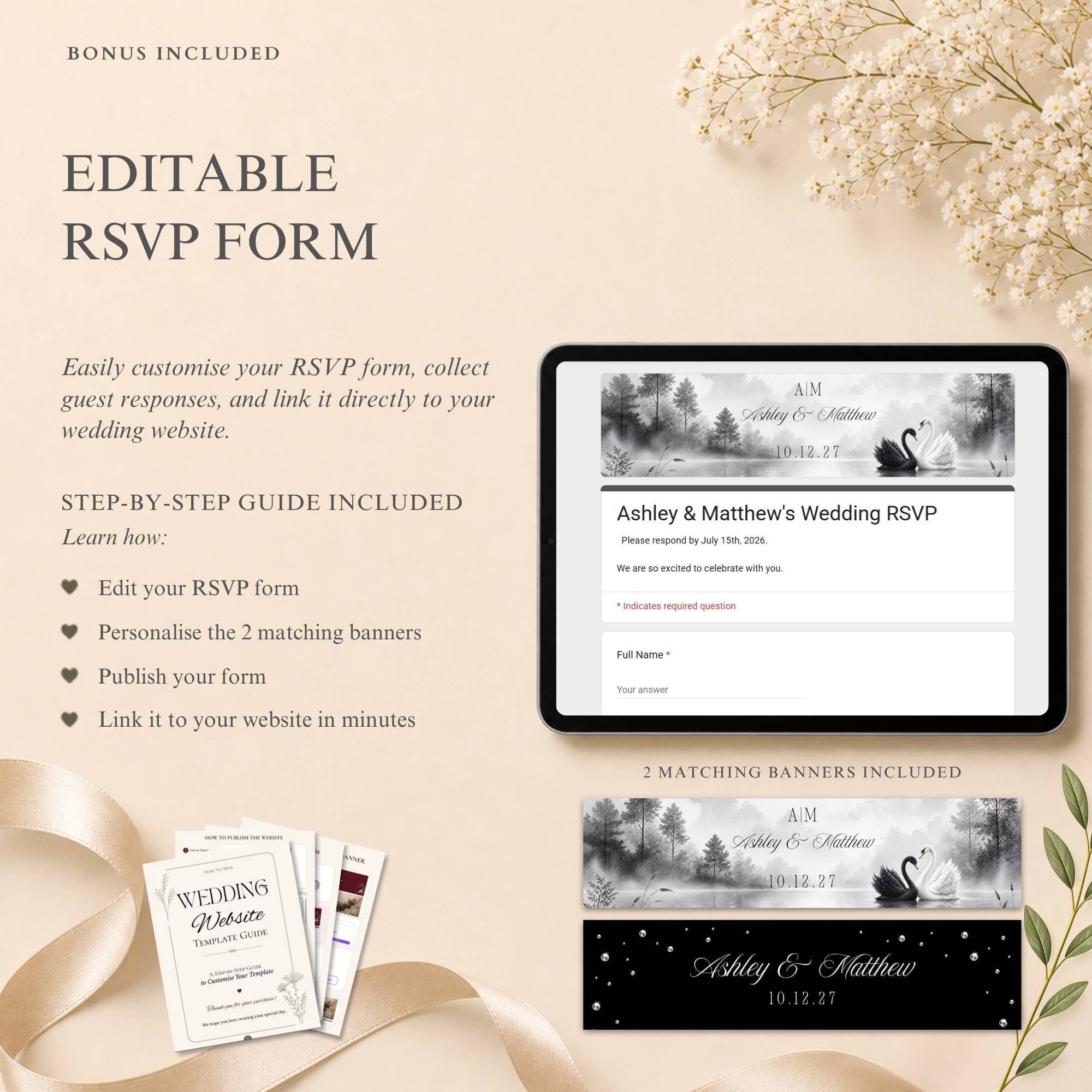 Wedding RSVP page template included with editable Canva wedding website