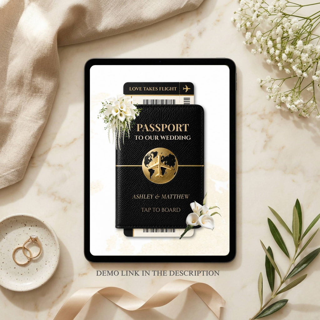 Complete preview of black wedding website template with interactive pages and travel-inspired design.