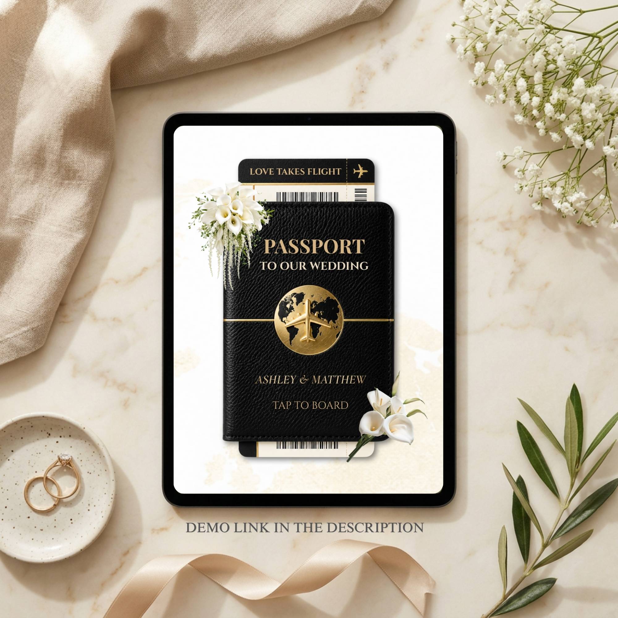 Complete preview of black wedding website template with interactive pages and travel-inspired design.