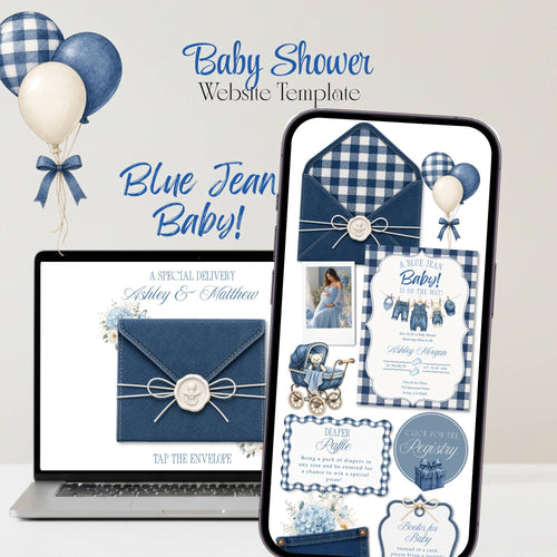 Blue Jean baby shower website with denim envelope, gingham details and online RSVP.