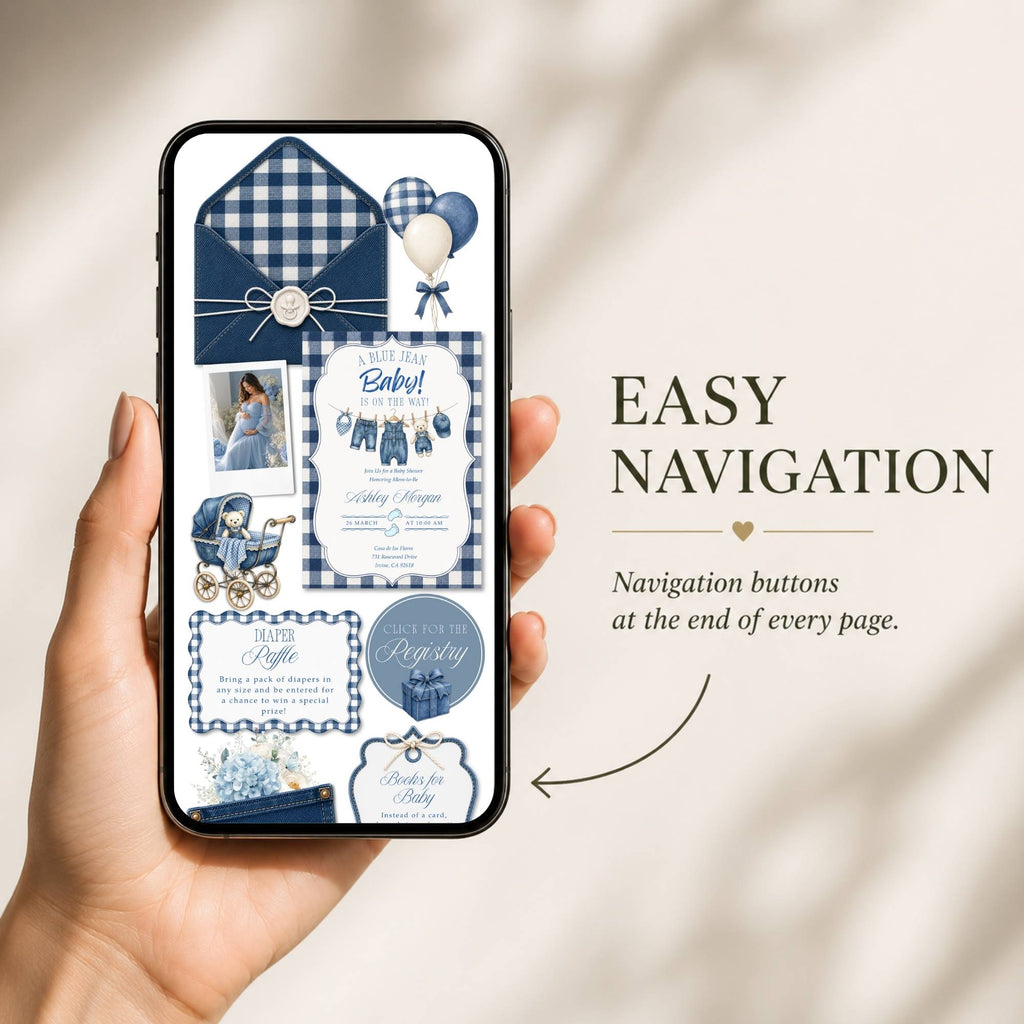 Mobile-friendly Blue Jean baby shower website with easy page navigation.