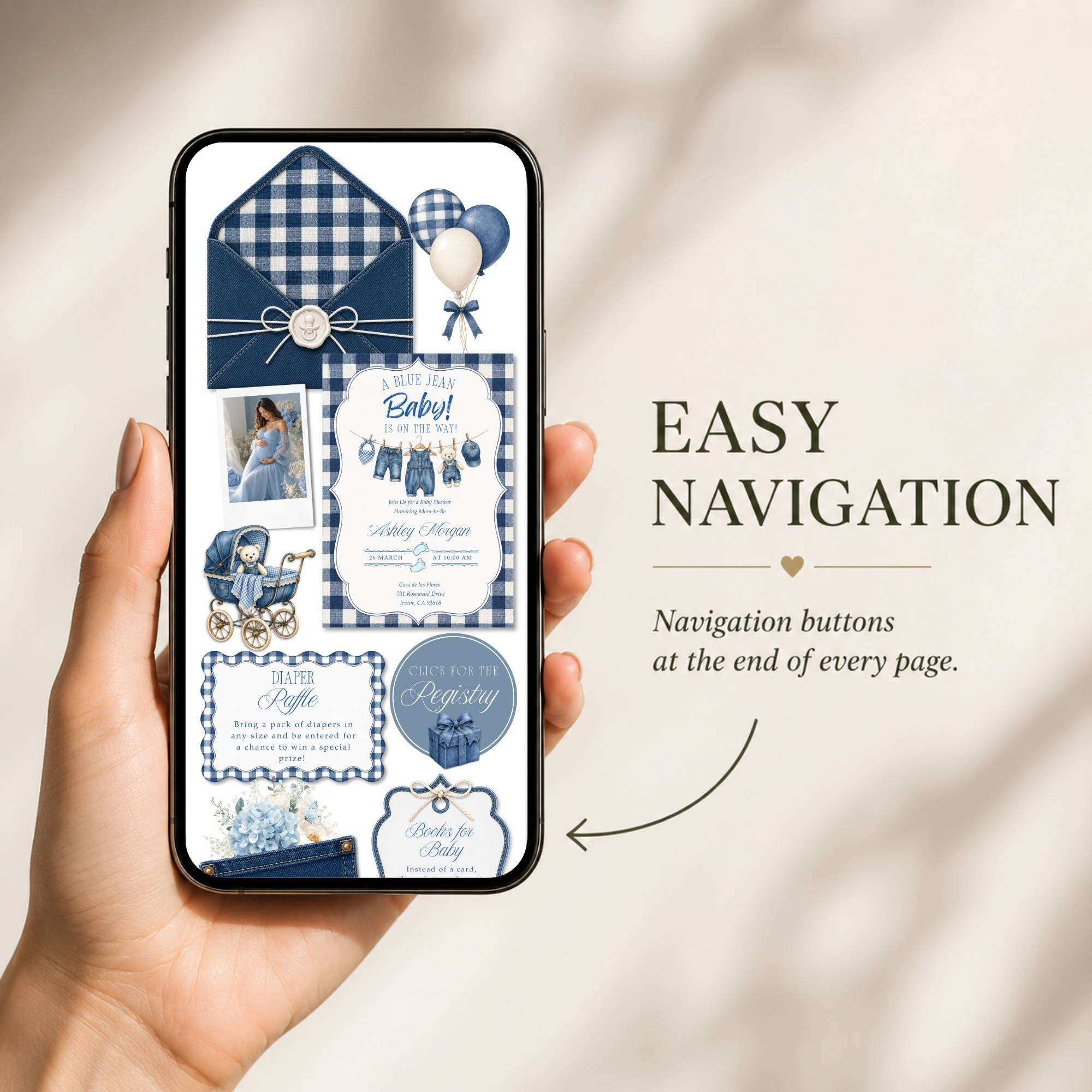 Mobile-friendly Blue Jean baby shower website with easy page navigation.