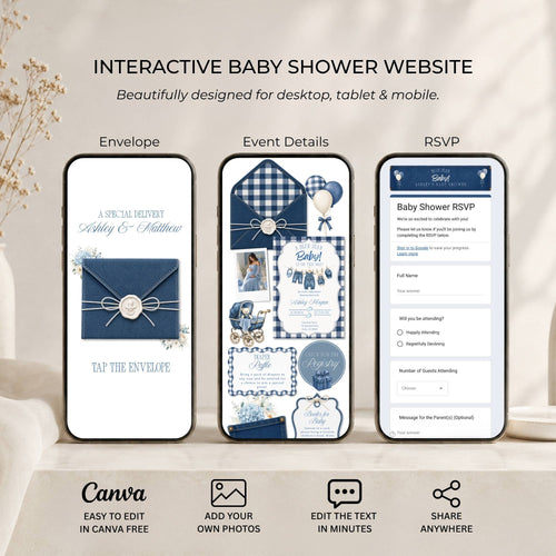 Features included in the Blue Jean Canva baby shower website with RSVP and registry.