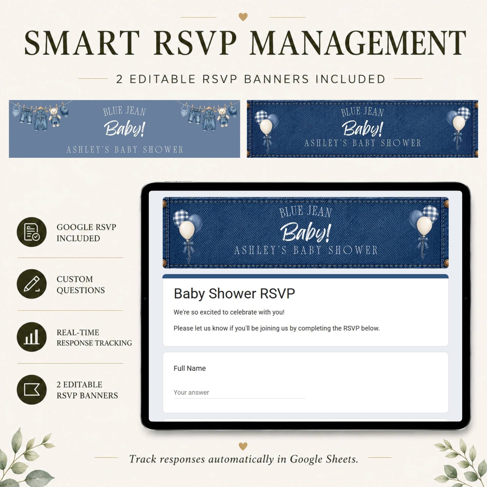 Online RSVP page for the Blue Jean baby shower website template.