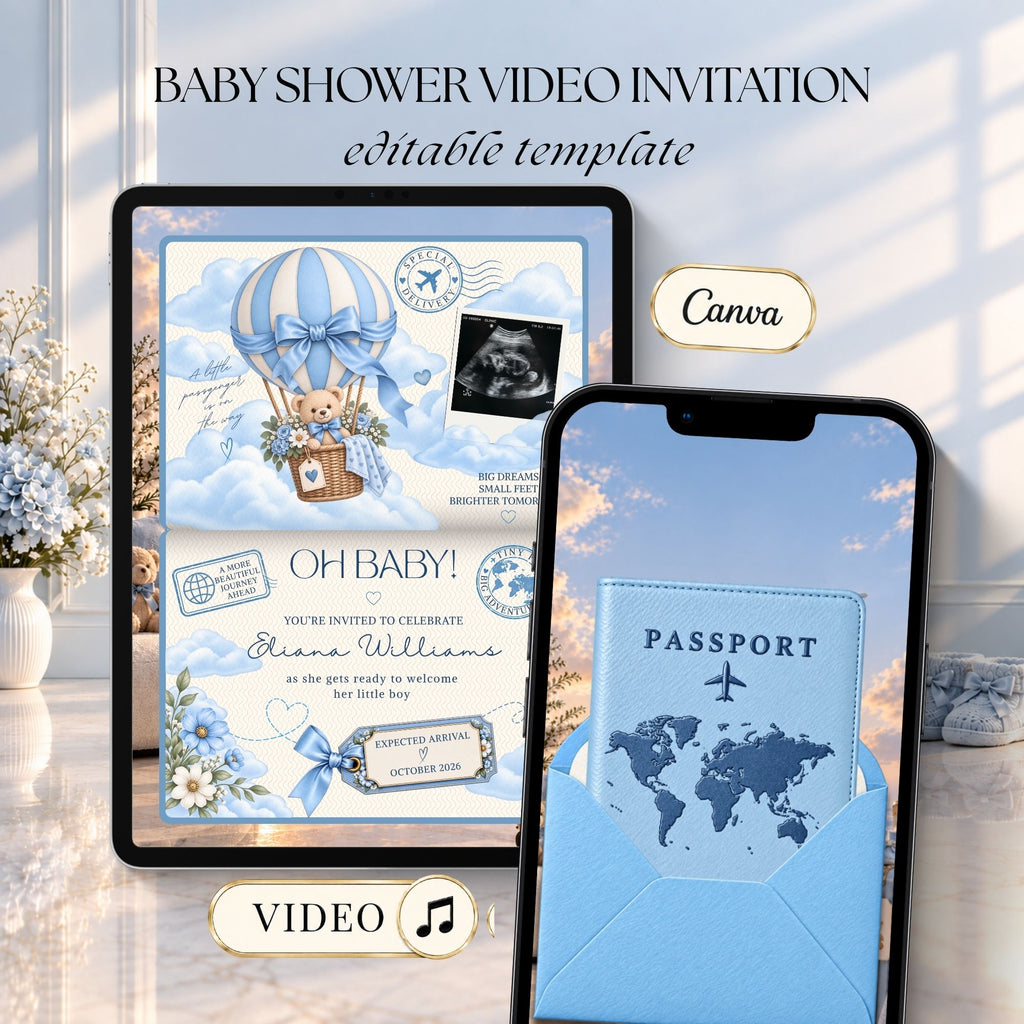 Blue passport baby shower invitation video featuring an animated travel-themed design with an airplane, baby shower details, and editable Canva template.