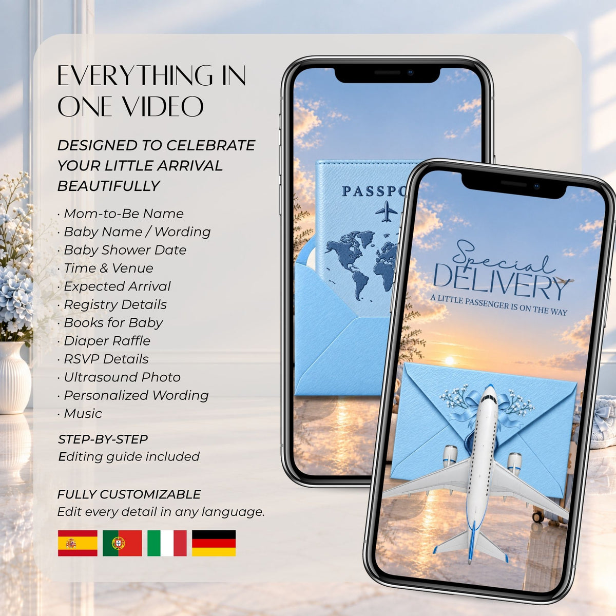 Travel-themed baby shower video invitation featuring an animated blue passport, airplane design, baby shower details, music, and editable Canva elements.