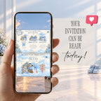 Blue passport baby shower video invitation displayed on a smartphone, featuring travel-inspired artwork and a personalised baby shower announcement.