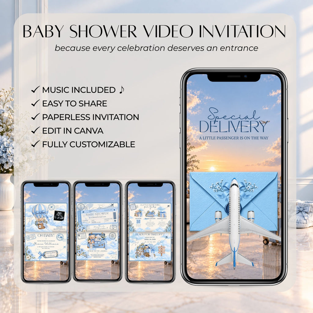 Editable blue passport baby shower video invitation with music, animated travel-themed pages, and customisable event details in Canva.