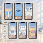 Preview of the blue passport baby shower invitation video pages featuring a passport, airplane animation, travel illustrations, and baby shower information.