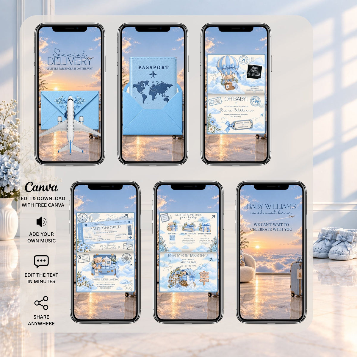 Preview of the blue passport baby shower invitation video pages featuring a passport, airplane animation, travel illustrations, and baby shower information.
