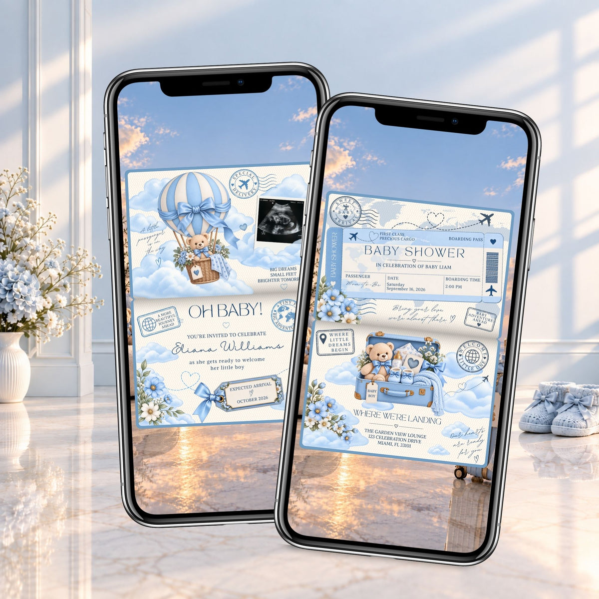 Blue travel-themed baby shower video invitation displayed on two smartphones with airplane illustrations, passport details, and a sunset sky background.
