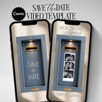 Blue photo booth Save the Date video template with animated wedding announcement and personalised couple photo strip.