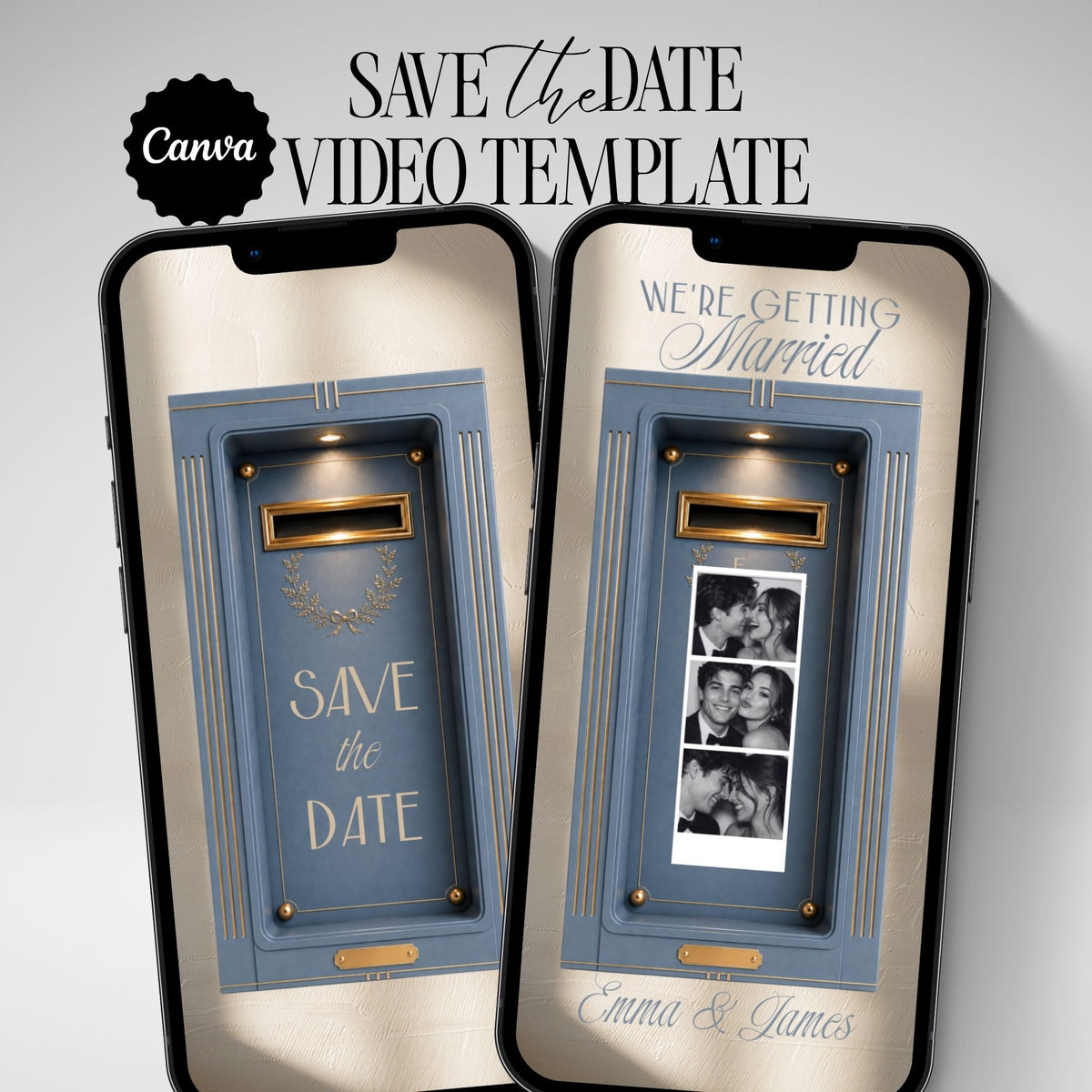 Blue photo booth Save the Date video template with animated wedding announcement and personalised couple photo strip.