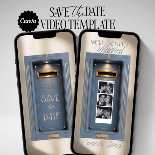 Blue photo booth Save the Date video template with animated wedding announcement and personalised couple photo strip.