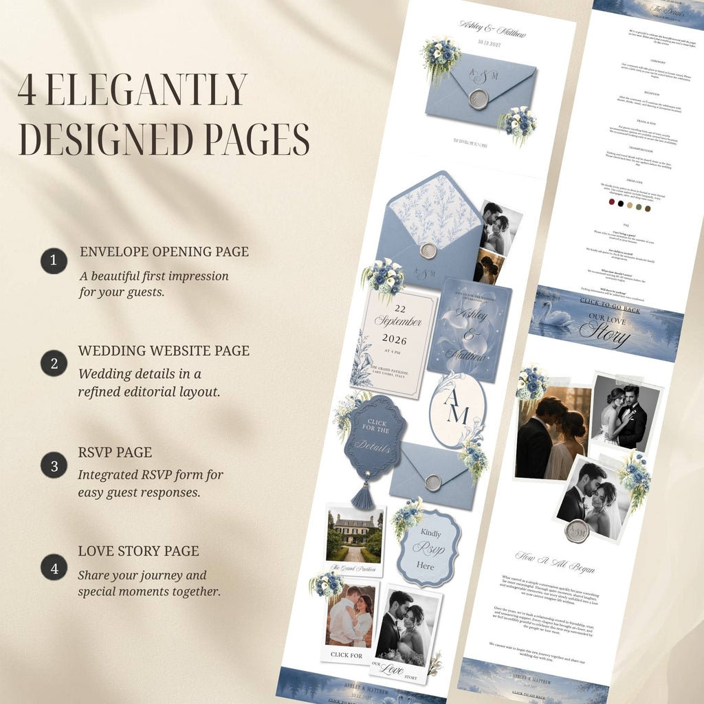 Editable dusty blue wedding website RSVP page template for Canva
