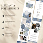 Editable dusty blue wedding website RSVP page template for Canva