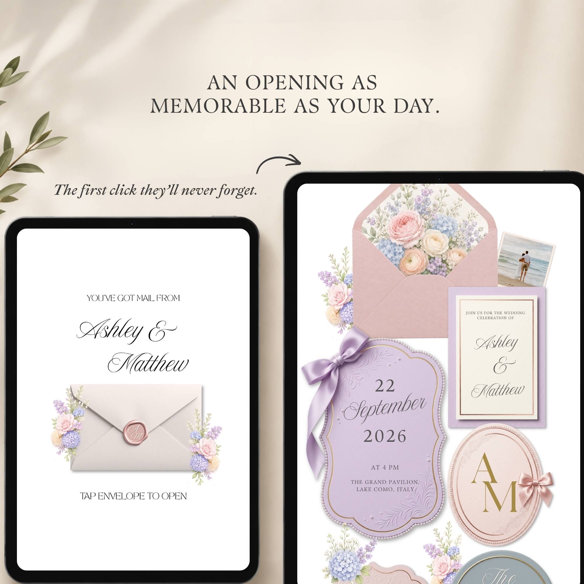 Interactive envelope opening page with pastel floral wedding theme