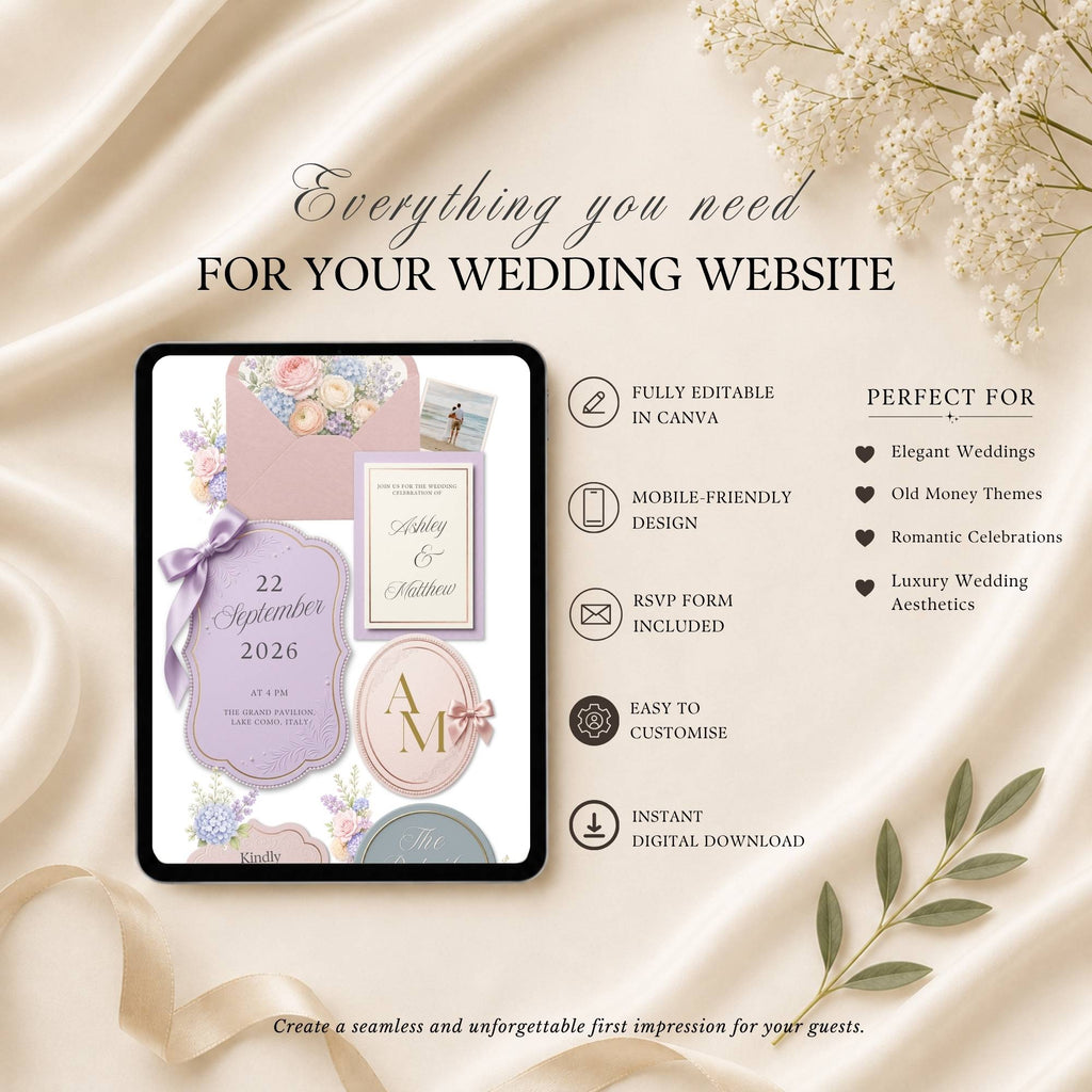 Pastel wedding website displayed on mobile devices with floral details