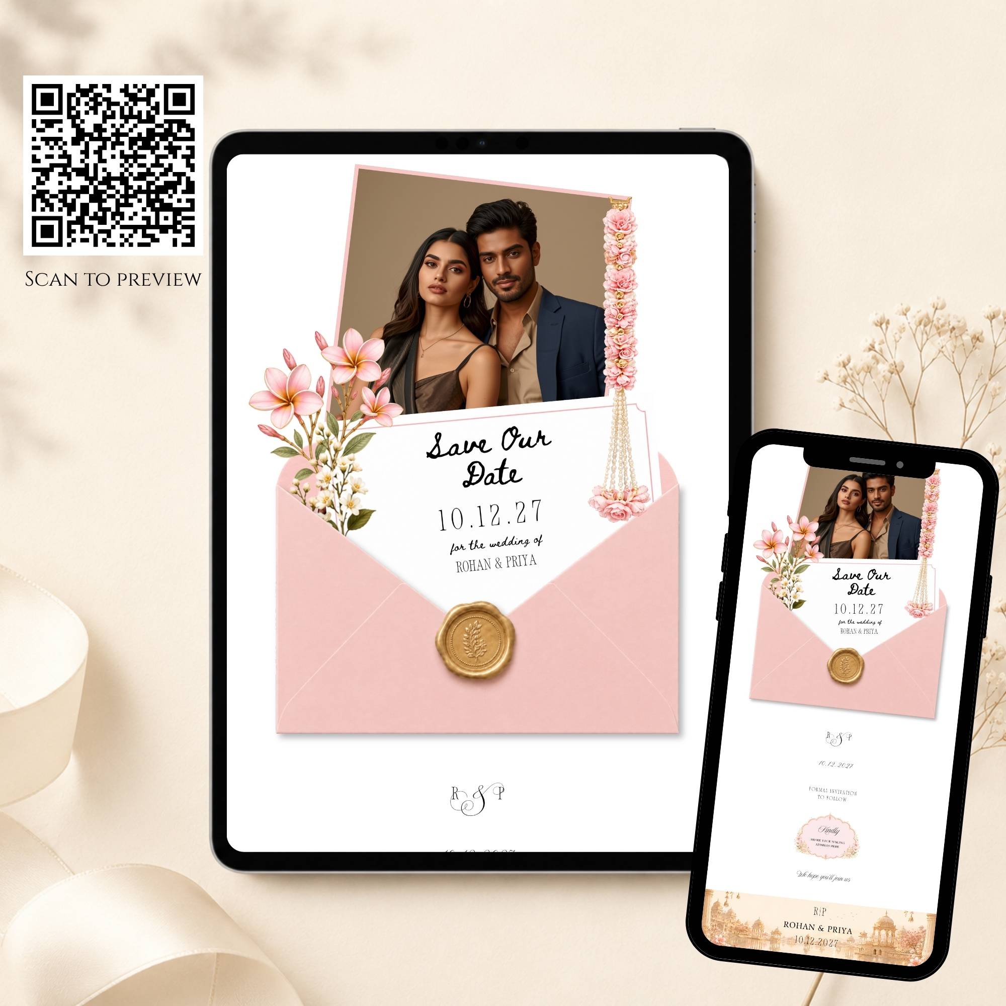 Mobile-friendly Royal Rajasthani save the date wedding website with RSVP form
