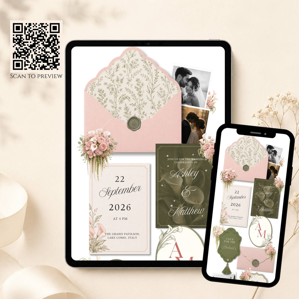 Blush pink and olive green wedding website template editable in Canva