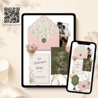 Blush pink and olive green wedding website template editable in Canva