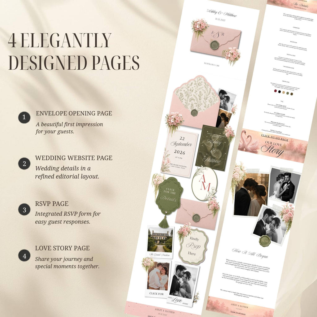 Interactive envelope opening page for blush pink wedding website template