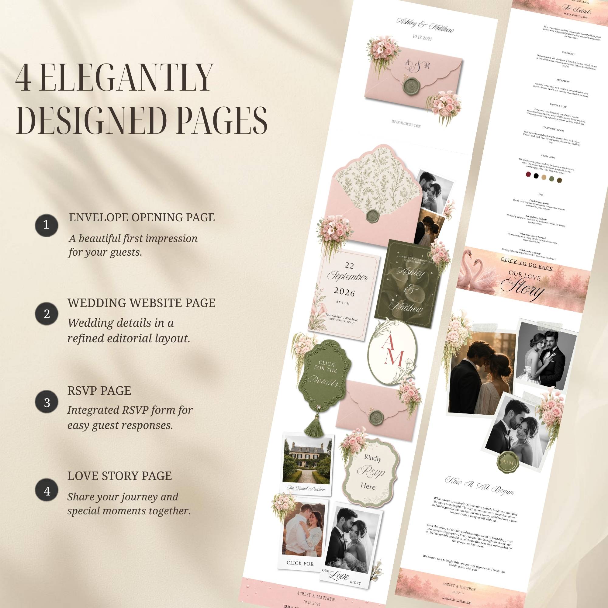 Interactive envelope opening page for blush pink wedding website template