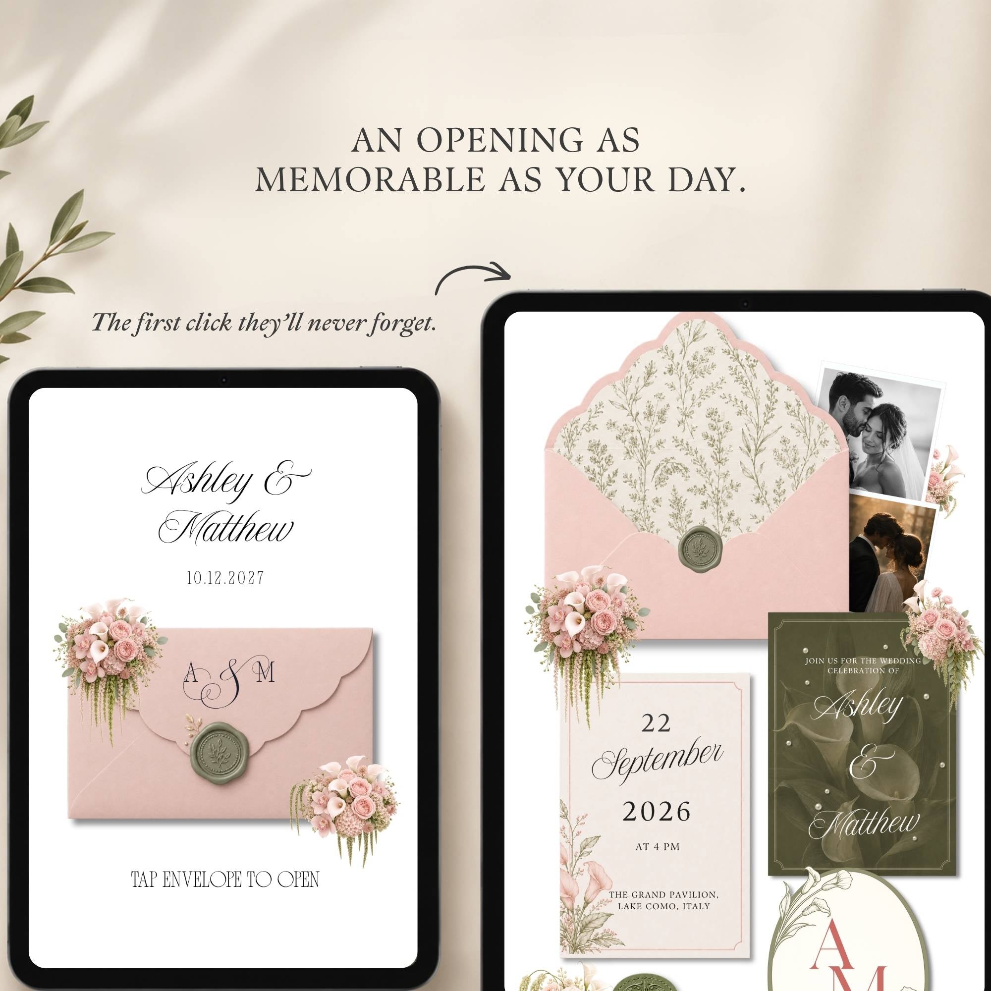 Blush pink Canva wedding website homepage with floral details and wedding information
