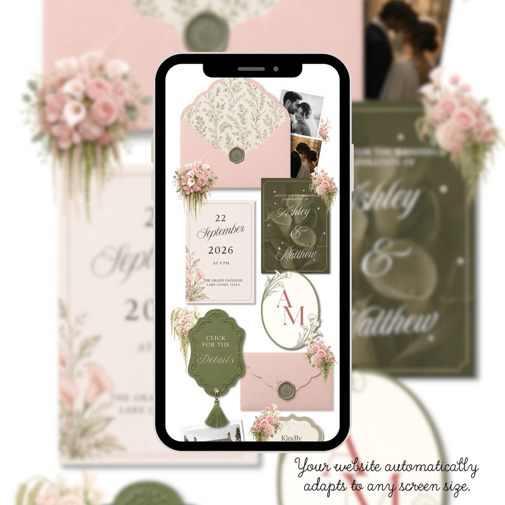 Love story page for blush pink wedding website template editable in Canva